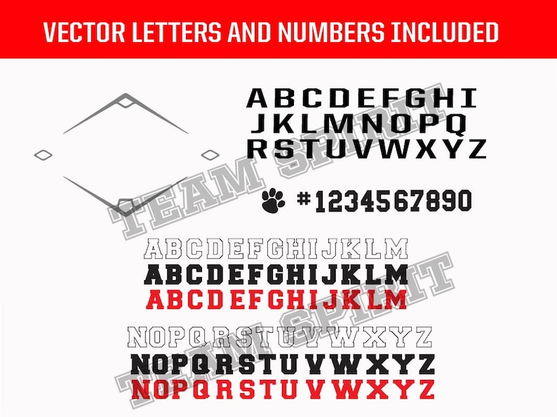 May include: A black and white baseball diamond graphic with the text "VECTOR LETTERS AND NUMBERS INCLUDED" in red. The image shows a black and white alphabet and numbers 1-9 in black. The letters are in a bold, blocky font.