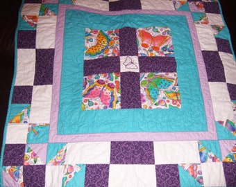 Butterfly Quilt, Baby Girl Quilt, Toddler Girl Quilt, Pink Quilt, Purple Quilt, Turquoise Quilt, Lap Quilt, Baby Blanket, Embroidered Quilt