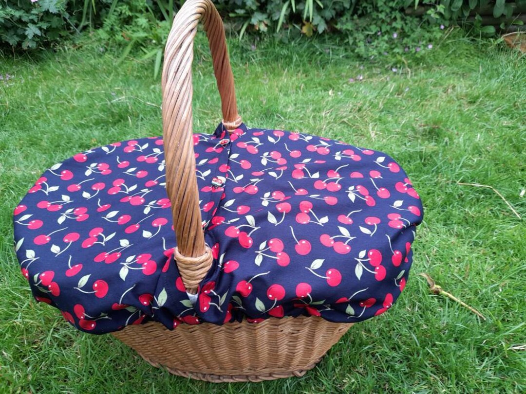 Wicker Shopping Basket Cover Retro Cherries Navy Background Etsy UK