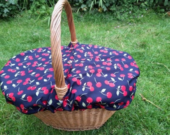 Wicker Shopping Basket Cover Retro Cherries navy background