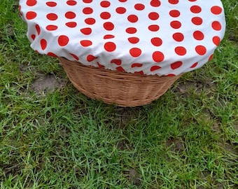 White and red polka dot bike basket cover