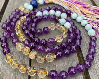 Amethyst, Aquamarine and Citrine Mala Necklace/108 Mala Beads/Hand-knotted/Silk Tassel/Boho Jewelry/Gemstone Mala Beads/Migraine Support