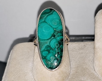 Vintage 925 Sterling Silver Large Oval Malachite Ring – Bold Statement Piece (Size  6.0)!