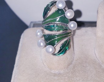 925 Grüne Emaille & Perle Maiglöckchen Stil Ring (Größe 6)!