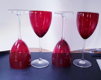 Ruby Red Wine Glasses Clear Stems Crystal Goblets MCM 8" Set of 4!