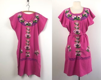 vintage embroidered Mexican dress | floral cotton tunic | boho hippie ethnic