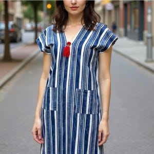 ヴィンテージリネンインディゴストライプチュニック | カフタン カフタン 地中海 | 航海風 ネイティブ サムライ 60年代 70年代