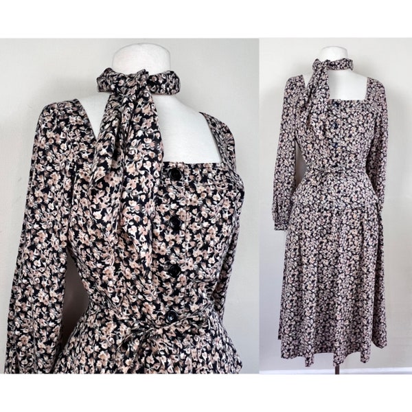 3 piece vintage nipon 70s blouse, skirt and handkerchief | 1970s black floral prairie dress | cottagecore calico tiny ditsy