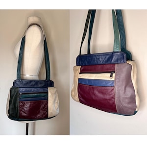 vintage leather patchwork 60s 70s handbag | 1960s 1970s boho hobo purse | mod shoulder bag rare