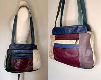 vintage leather patchwork 60s 70s handbag | 1960s 1970s boho hobo purse | mod shoulder bag rare