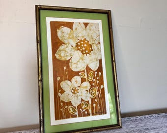 ヴィンテージ 60年代 70年代 花 植物 自然 バティック ファブリック アート 額装 | MCM ミッドセンチュリー モダン | ゴールド バンブー フレーム