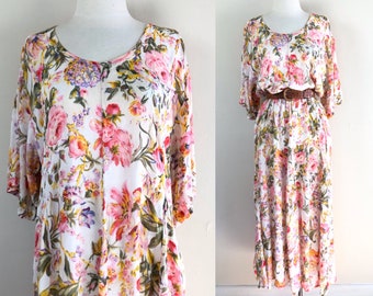 vintage 90s india floral pastel maxi dress | sheer gauze rayon peasant dress | 1990s grunge boho hippie cottagecore