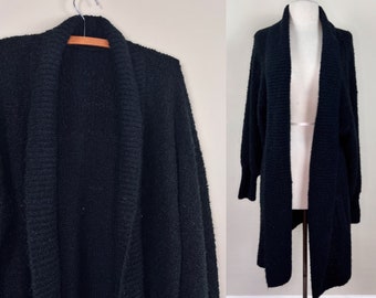 vintage 80s Cardigan oversized | 1980s boucle nubby knit | black open front