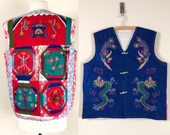 patchwork chinese quilted vest | cotton embroidery dragon | cottagecore hippie boho