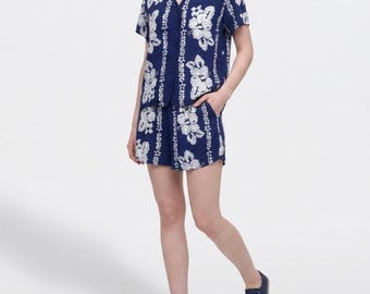 Vintage 90s Batik Floral shorts top set Blue White Boho Festival Beach Size M