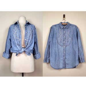 vintage embroidered jean chambray button up shirt | denim floral country blouse  | 1990s 90s victorian grunge cottagecore