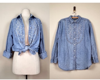 vintage embroidered jean chambray button up shirt | denim floral country blouse  | 1990s 90s victorian grunge cottagecore