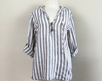 vintage lniana pasiasta tunika z kapturem | bluzka z kapturem z lat 90. | bluzka grunge boho hippie