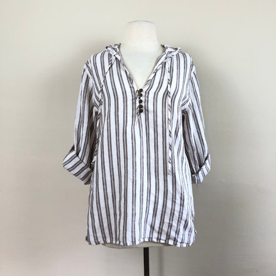 vintage linen striped hooded tunic | 90s hoodie t… - image 1