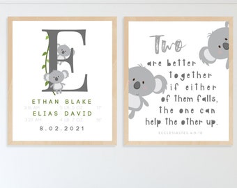 Twin Baby Boy Stats, Ecclesiastes 4:9-10, Safari Koala boy nursery, Christian nursery art, Custom Twin Nursery Set of 2 Printables