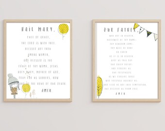 Hail Mary & Our Father Prayer Print Set - Girls Retro Wall Decor - Catholic Kids Room - Catholic Girls Playroom - Catholic Homeschool