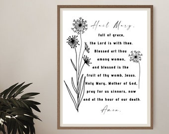 Hail Mary Print - Hail Mary Prayer print -  Catholic PRINTABLE wall art - Hail Mary Full of Grace