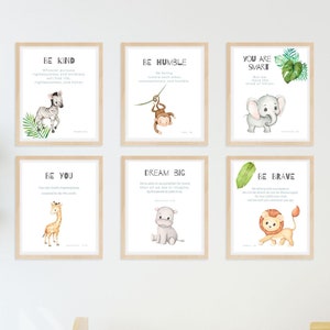 Safari Nursery Decor, Christian Nursery Wall Art, Set of 6 Jungle Digital Prints, Kid Affirmations, Sunday School Decor