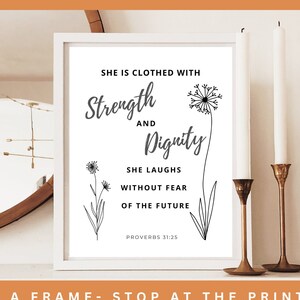 Spreuken 31:25 Botanische schriftprint - Ze is gekleed met kracht en waardigheid - Moederdagprint - Last minute Moederdagcadeau