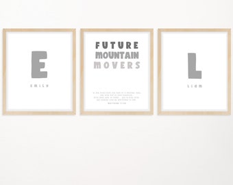 Custom initial Print set of 3 with Scripture-Christian gray boho nursery -Christian baby twin girl and boy shower gift - Twins name print