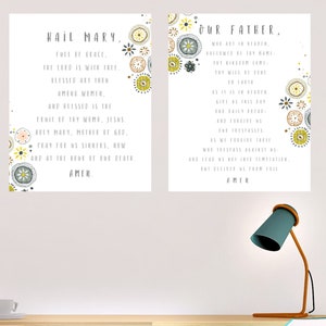 Hail Mary & Our Father Prayer Set - Girls Retro Floral Print- Kids Catholic Wall Art - Catholic Homeschool Prints - Catholic Teen Decor
