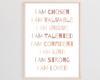Printable Kids Daily Affirmations Wall Art, Blush Boho Girls Nursery decor, Inspirational Kids Quotes, Positive Classroom Posters