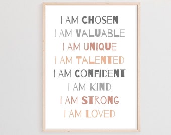 Printable Kids Daily Affirmations Wall Art, Blush Boho Girls Nursery decor, Inspirational Kids Quotes, Positive Classroom Posters