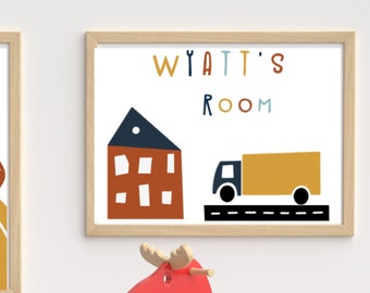 Jungen Name Print - Personalisierte Spielzimmer Schild - Lastwagen und Autos Jungenzimmer Dekor