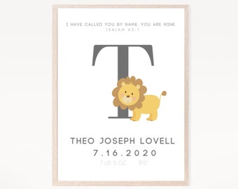 Boy initial wall art, Isaiah 43:1 Christian Nursery Wall Art I have called you by name, Boy Lion Safari nursery print, Scripture nursery art