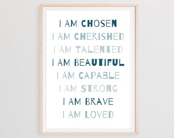 Printable Kids Affirmations Wall Art, Blue Boho Boys Nursery decor, Inspirational Classroom Poster, Positive Playroom wall Decor