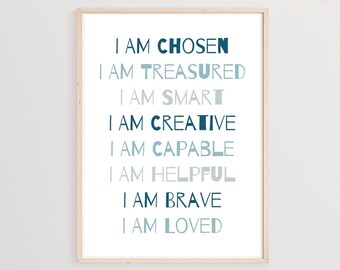 Kids Affirmation wall art, Affirmation print, Affirmation Poster,  Blue boho Playroom wall decor