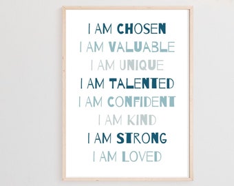 Printable Kids Daily Affirmations Wall Art, Blue Boho Boys Nursery decor, Inspirational Kids Quotes, Positive Classroom Posters