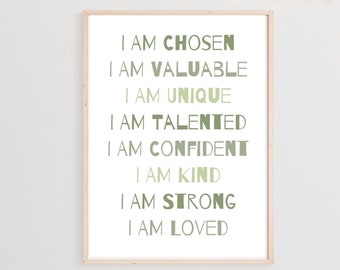 Printable Kids Daily Affirmations Wall Art, Green Boho Boys Nursery decor, Inspirational Kids Quotes, Positive Classroom Posters