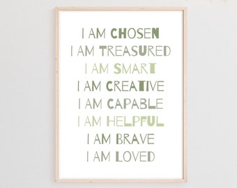 Inspirational quotes for kids, Boys Room wall art, Daily Affirmations Poster, Green Nursery wall decor, Kids Affirmation, Positive Classroom