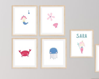 Mermaid Wall Art for nursery or Playroom - Custom Girls name print -Pink Sea life little girls room decor - Girls room decor for beach house