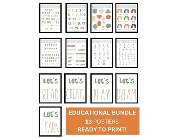 Educational print bundle - BOHO Homeschool Wall Art - Montessori Classroom Decor - BOHO Kids Decor - Toddler Playroom Decor