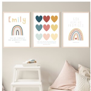 Personalized Girl&#39;s  Name Print with rainbows and hearts - Bible verses 3 print set for Girls room