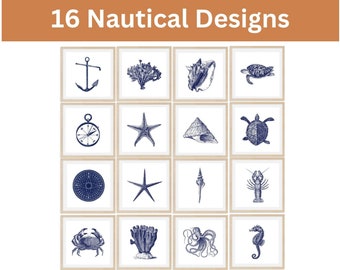 Coastal Wall art prints, Nautical Wall art set 16 Indigo blue, Marine Life Prints, Ocean life print set, Beach house Decor