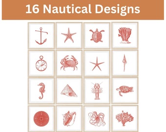 Coastal Wall art prints, Nautical Wall art set 16 Red, Marine Life Prints, Ocean life print set, Beach house Decor