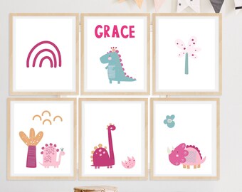 Girls Room Pink Dinosaur Wall Art Prints - Pink dinosaur name print for girls toddler room or playroom