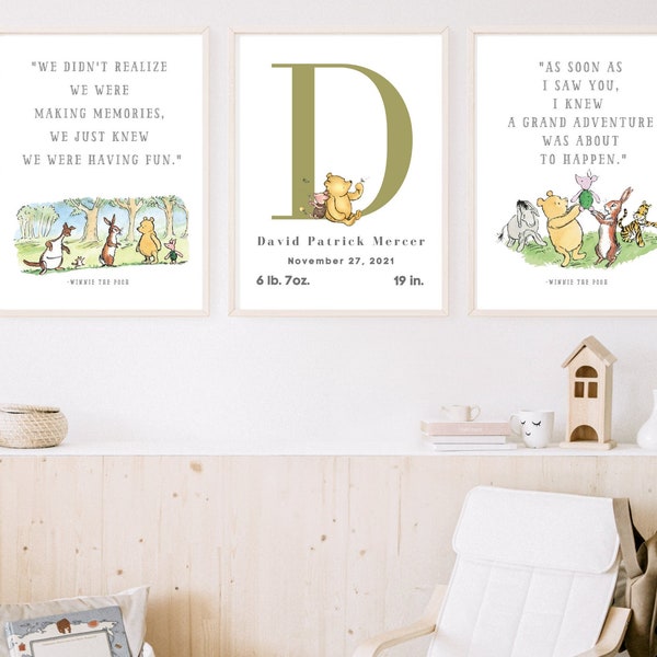 Classic Pooh Birth Stats Print set, Boy Classic Pooh nursery print, Custom Name print with Classic Pooh