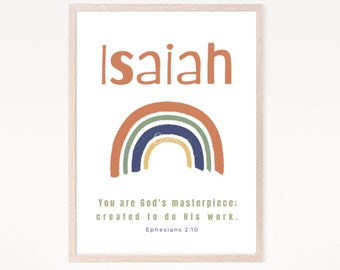 Kids name sign - Christian Nursery - Personalized Boy Name Print with rainbow and Bible verse- Ephesians 2:10 You are God's masterpiece