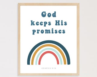Kids rainbow print, God keeps His promises scripture print, Christian playroom decor, Genesis 9:16