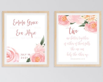 Twin Baby Girl Name and Stats, Ecclesiastes 4:9-10, Floral Pink Nursery Decor, Custom Twin Girls Nursery Set of 2 Prints