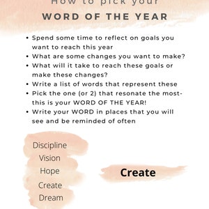 Puede incluir: Un fondo de acuarela rosa y blanco con el texto "How to pick your WORD OF THE YEAR". El texto est&aacute; en negro y est&aacute; centrado en la p&aacute;gina. Debajo del texto hay una lista de vi&ntilde;etas con instrucciones sobre c&oacute;mo elegir una palabra del a&ntilde;o. La lista incluye palabras como "Discipline", "Vision", "Hope", "Create" y "Dream".